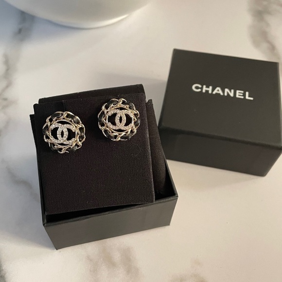 CHANEL 2022 Leather & Crystal CC Stud Earrings - Picture 1 of 7